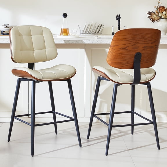 GrandNoor Mid Century Modern Bar Stools Set of 2 for Kitchen Island,Upholstered Beige Faux Leather Counter Height stools,26 Inch Counter stools with Walnut Grain Back