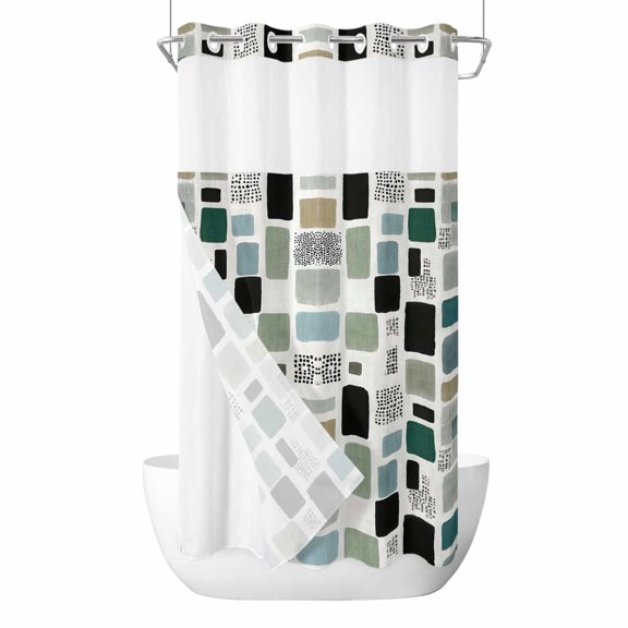 Green Rectangle No Hook Shower Curtain with Snap in Liner, Abstract Sage Green Black Rectangle Waterproof Shower Curtains with See Through Top Window Liner for Bathroom, 36x72 Inches