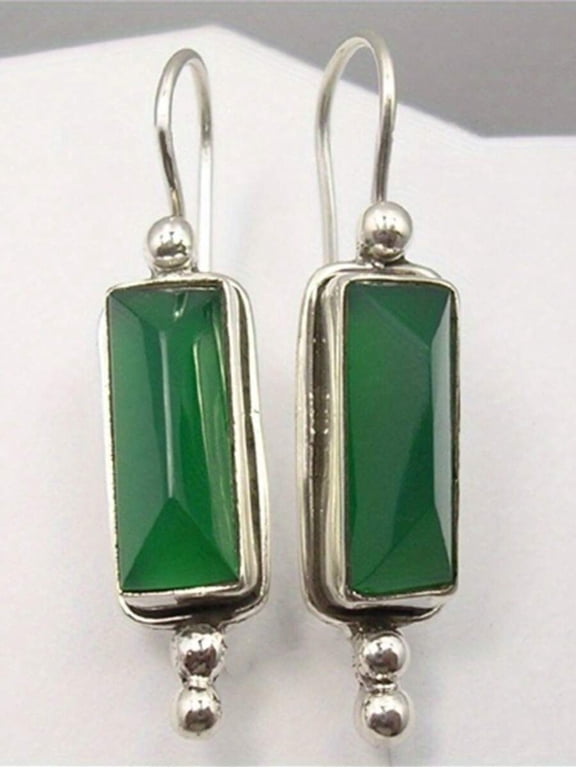 Green Rectangular Faceted Stone Dangle Earrings In Silvertone Metal,Green