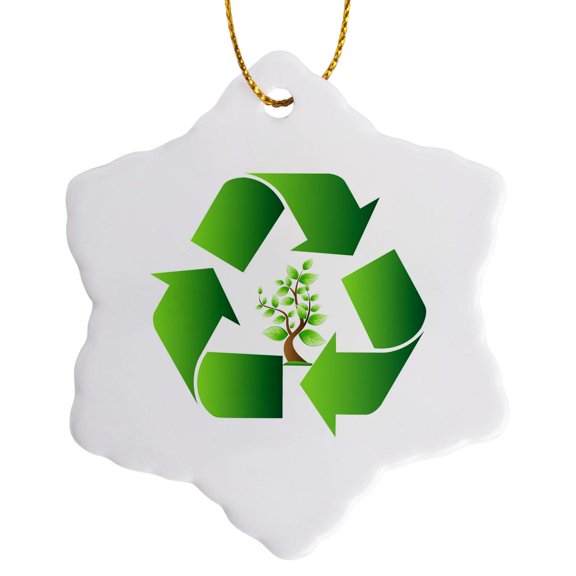 3drose, Green Recycle Symbol with a Tree in the Center, 3 inch Snowflake Porcelain Ornament