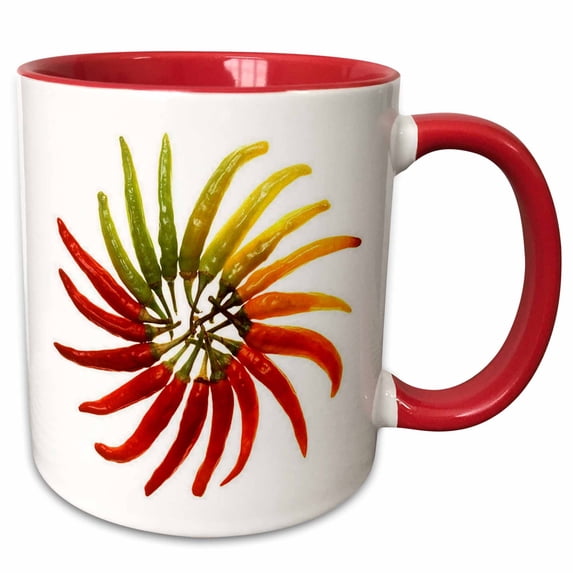 3drose, Green, Red and Yellow Chili Peppers Artisticly Arranged into a Pattern, 11oz Two-tone Red Mug