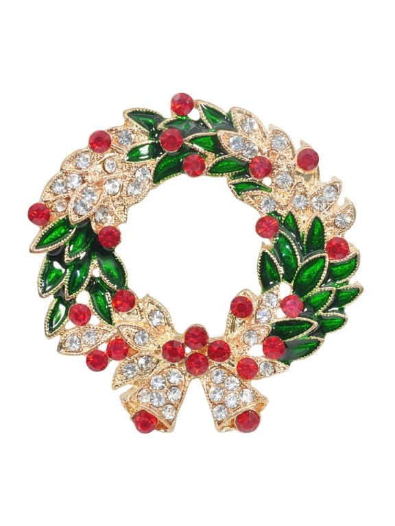 Green Red Austrian Crystal Round Wreath Bell Brooch Pin