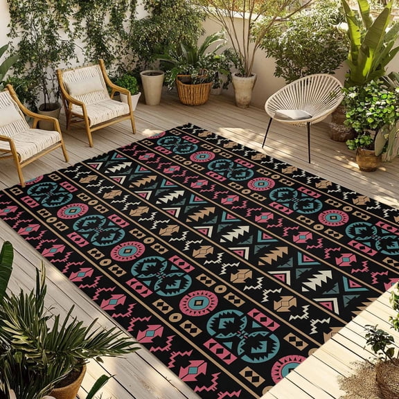 Green Red Black Boho Aztec Outdoor Rug 4x6 Ft - Reversible Patio Rug Outdoor Camping Rugs, Ethnic Abstract Geometric Washable Indoor Outdoor Area Rugs, Non-Slip Outdoor Carpet Runner for Deck/Porch