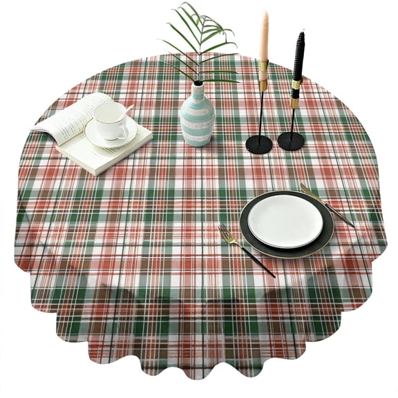 Green Red Brown and White Checkered Pattern Round Tablecloth 60"x60",Wrinkle Wipeable Table Cloth for Kitchen Dining Room Picnic Patio Party