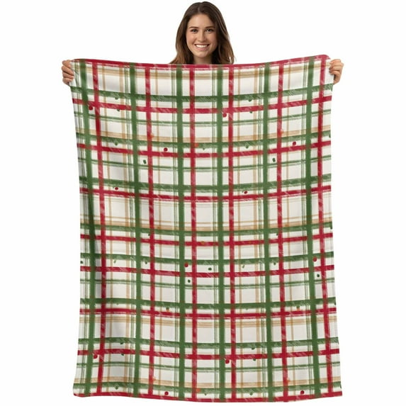 Green Red Checkered Blanket Soft Cozy Warm Throw Blanket for Couch, Plush Fuzzy Flannel Fleece Blankets for Sofa, Farmhouse Christmas Winter Striped Bed Blankets Lightweight Gifts for Women, 50"x60"