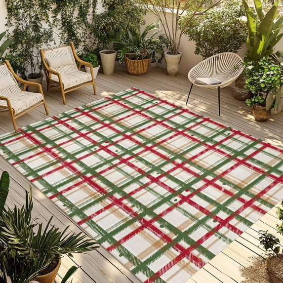Green Red Checkered Outdoor Rug 6x9 Ft - Reversible Patio Rug Outdoor Camping Rugs, Farmhouse Christmas Winter Striped Washable Indoor Outdoor Area Rugs, Non-Slip Outdoor Carpet Runner for Deck/Porch