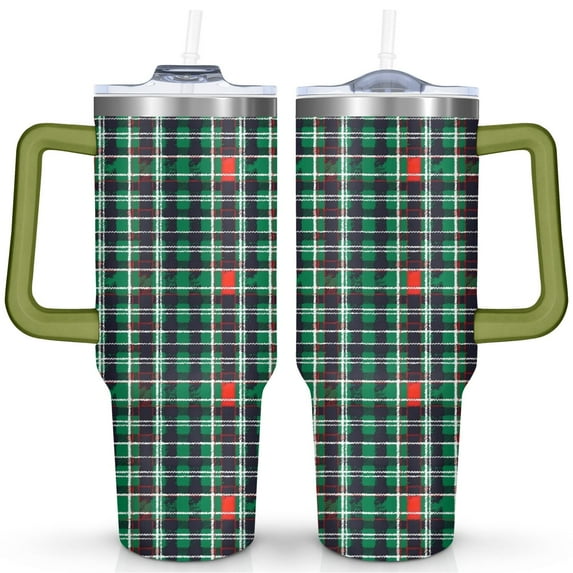 Green and Red Checkered Stripes 40 Oz Tumbler with Handle Lid and Straw Stainless Steel Double Walled Vacuum Insulated Cup Merry Christmas Gifts Tumbler for Women Men Friends Outdoor Indoor