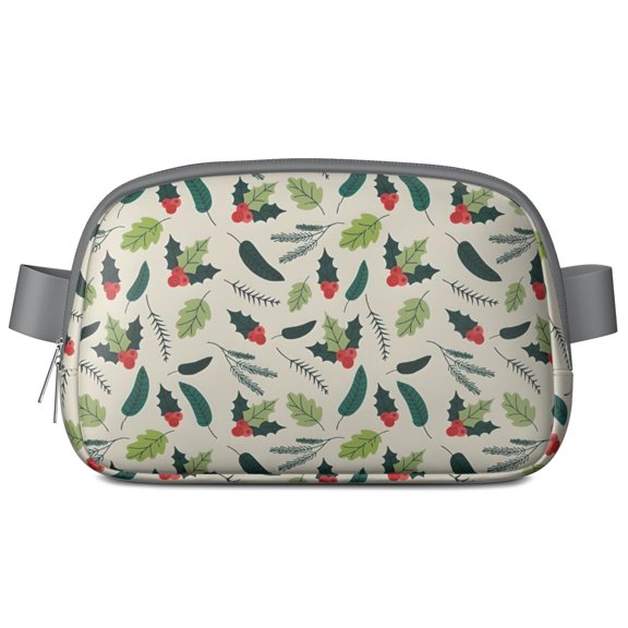 Green and Red Christmas Holly Pattern Cute Fanny Packs for Women,Travel Waterproof Crossbody Fanny Bags Waist Purse for Women Anti Theft Adjustable Strap for Running Travel Cycling