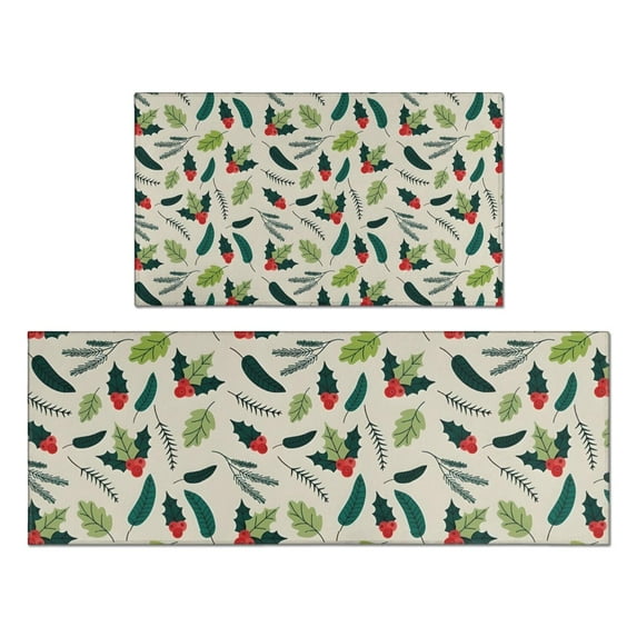 Green and Red Christmas Holly Pattern Kitchen Rugs Sets Of 2,Anti Fatigue Kitchen Mat Rugs Non Slip Washable,Decorative Kitchen Floor Mats for Kitchen,Sink,Laundry,17"x30"+17"x47"