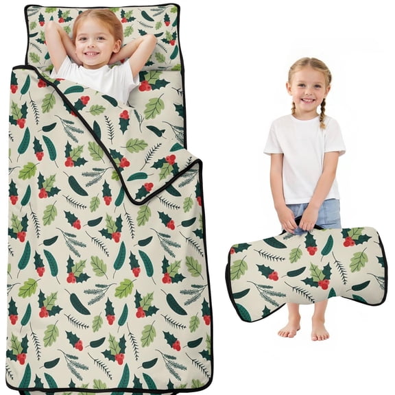 Green and Red Christmas Holly Pattern Toddler Nap Mats for Kids Preschool,51"x22" Sleeping Mat Bag or Kids,Toddler Sleeping Bag,Toddler Nap Mat or Daycare