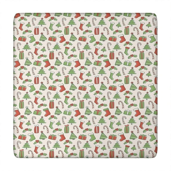 Green and Red Christmas Pattern Square Fitted Tablecloth with Elastic Edge,Square Table Cover,Washable Elastic Table Cover for Home Kitchen Party Decor 34"x34"