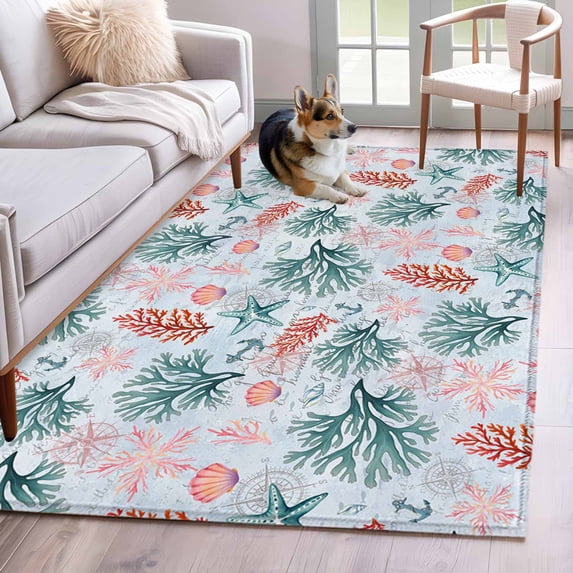 Green Red Coral Area Rugs 3'x5', Washable Small Throw Rugs for Living Room Bedroom, Coastal Nautical Summer Beach Indoor Outdoor Rug Non-Slip Low Pile Carpet Runner Reversible Floor Mats