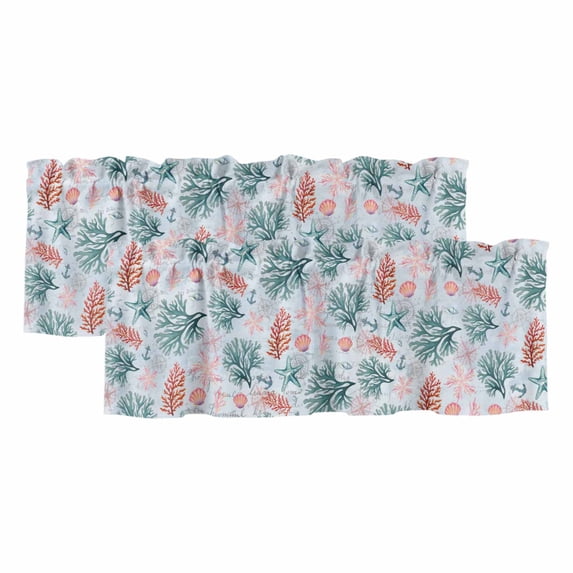 Green Red Coral Curtain Valances for Windows, Kitchen Valance Window Treatments Panel 2 Pack, Coastal Nautical Summer Beach Rod Pocket Short Curtains for Bathroom Bedroom 42 x 12 Inch