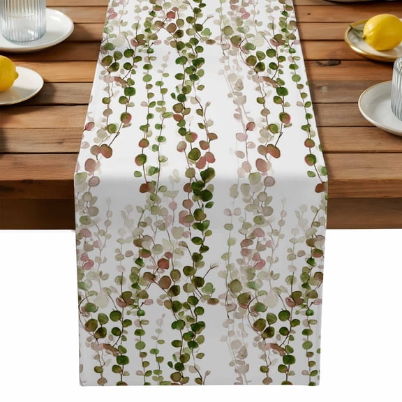 Green Red Eucalyptus Leaf Table Runner, Vintage Watercolor Eucalyptus Leaves Washable Kitchen Table Runners Dress Scarves for Dining Table Decorations Party, 13x72in