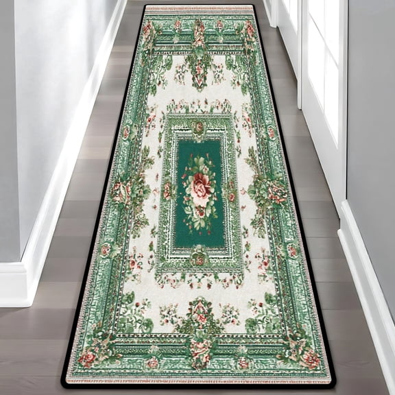 Green Red Floral Medallion Hallway Runner Rug, Vintage Rose Long Floor Mat, Non-Slip Washable Ornate Rug for Entryway Kitchen, 60x18in/5x1.5ft
