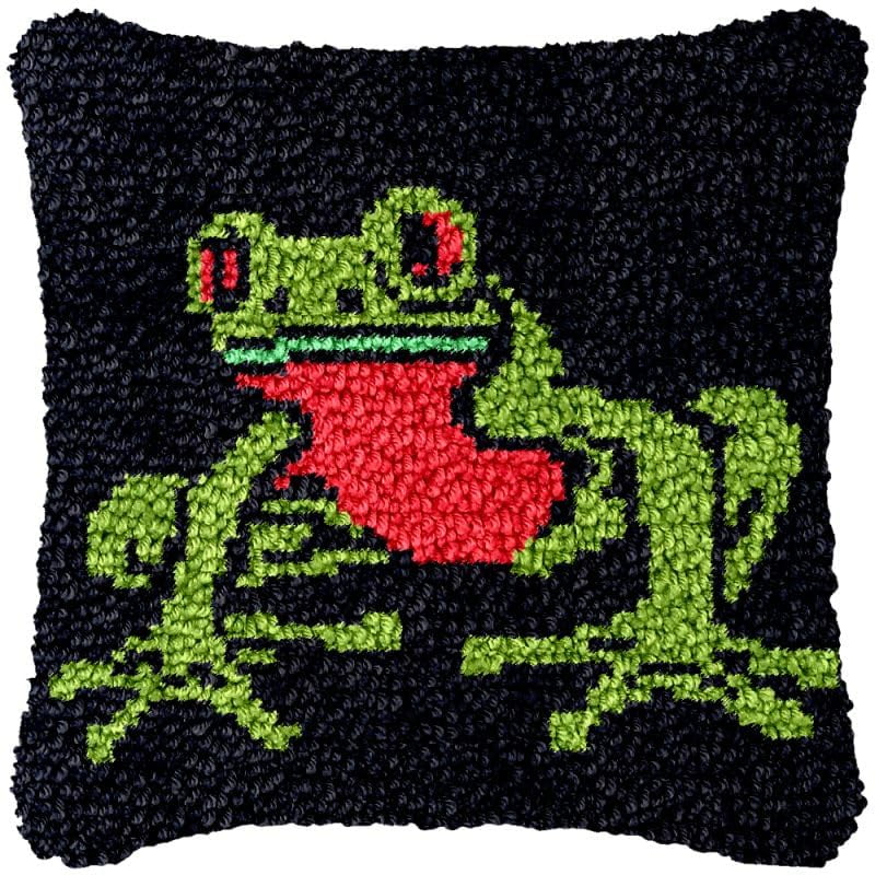 Green Red Frog Latch Hook Pillow Cover Kits for DIY Handmade Throw Pillow Cross Stitch Latch Hook Pillowcase Rug Kits with Preprinted Color Pattern Canvas Crochet Yarn Kits 17''X 17''(ch189)