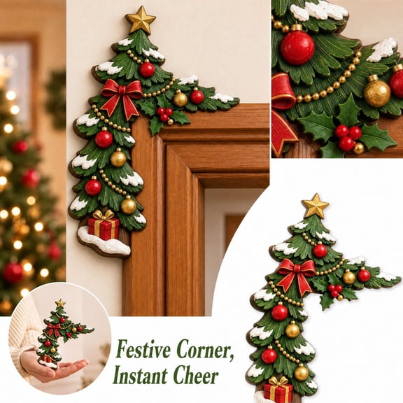 Green Red and Gold Door Decorations Hanging with 3D Pine Tree Design, Resin Home Wall Decor for Living Room Featuring Red Berries, Elegant Christmas Decor for Winter Wonderland