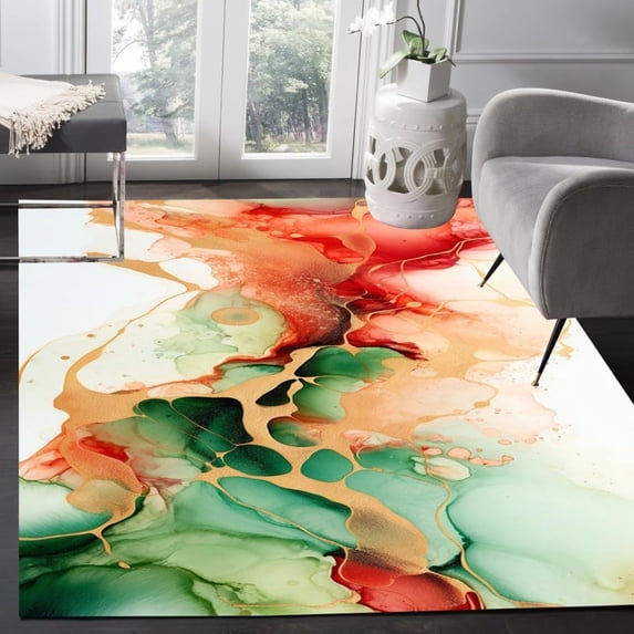 Green Red Gold Marble Abstract Modern Aesthetic Area Rugs Washable Soft Carpet Art Decor Lux Rugs For Livingroom Bedroom Diningroom Office Indoor Floor Rugs 1x2ft