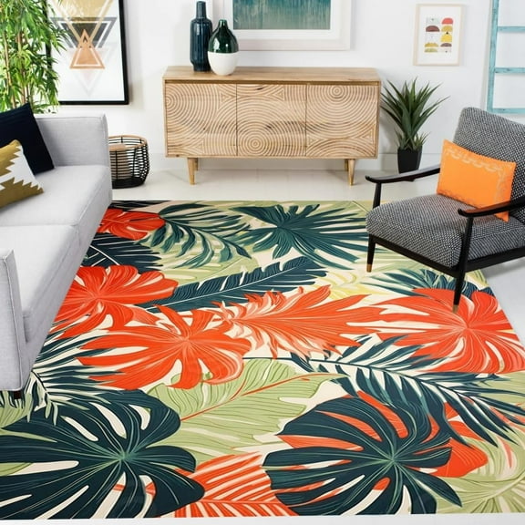 Green Red Modern Tropical Monstera Palm Area Rug Soft Washable Art Deco Carpet For Living Room Bedroom Diningroom Boho Aesthetic Indoor Outdoor Rugs 2x3ft
