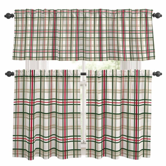 Green Red Plaid Christmas Kitchen Curtains Sets for Windows 36 Inch Length, Xmas Checkered Buffalo Rod Pocket Window Treatments Tier Curtains and Valances Set for Bedroom/Bathroom