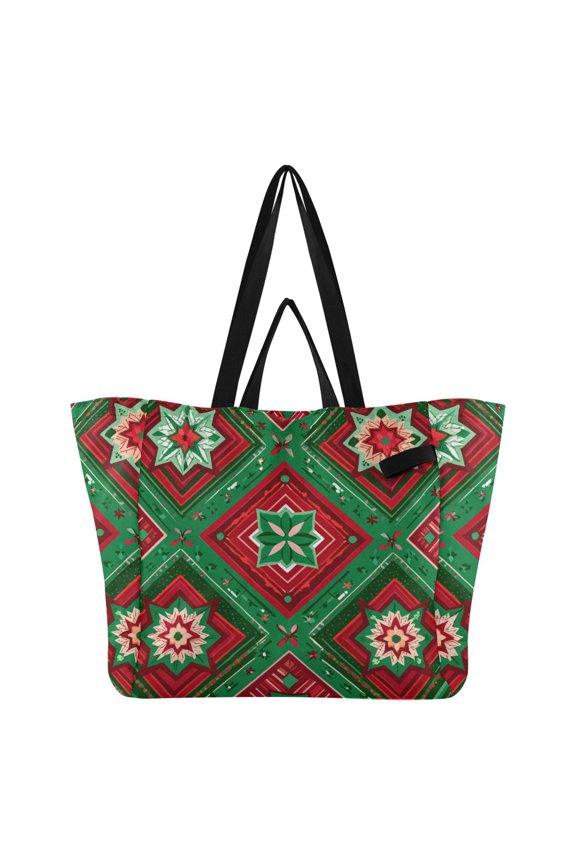 Green Red Plaid with Christmas Flower Pattern Foldable Canvas Tote Bags Reusable Grocery Bags Laundry Bags Beach Bag 32L