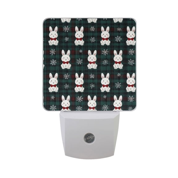 Green Red Plaids Gingham Christmas Rabbits LED Night Light Sensor Lamp Plug-in Adjustable Brightness 2 Pack
