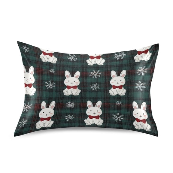 Green Red Plaids Gingham Christmas Rabbits Satin Pillowcase Envelope Design Pillow Covers 1 Pack Standard Size 20" x 26"