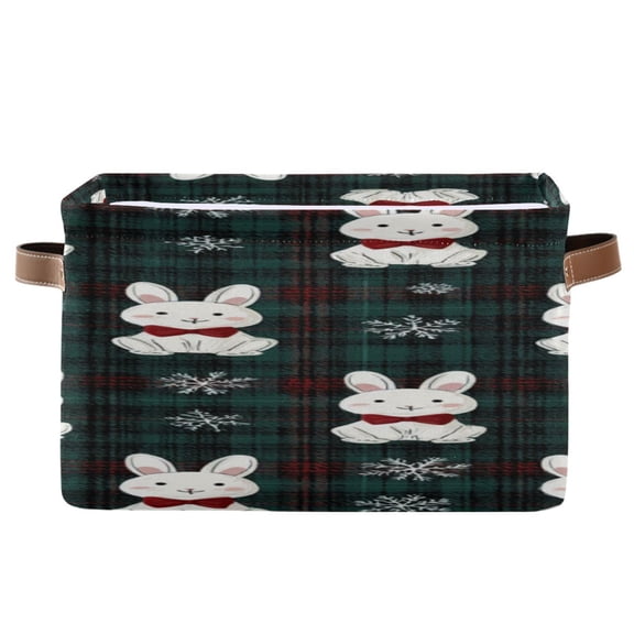 Green Red Plaids Gingham Christmas Rabbits Square Storage Bins with Handles Collapsible Containing Box 1 Pack