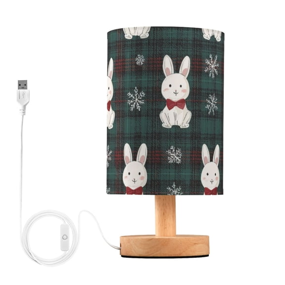 Green Red Plaids Gingham Christmas Rabbits Table Lamp with USB Port LED Warm Light Lamp Night Light Home Decor