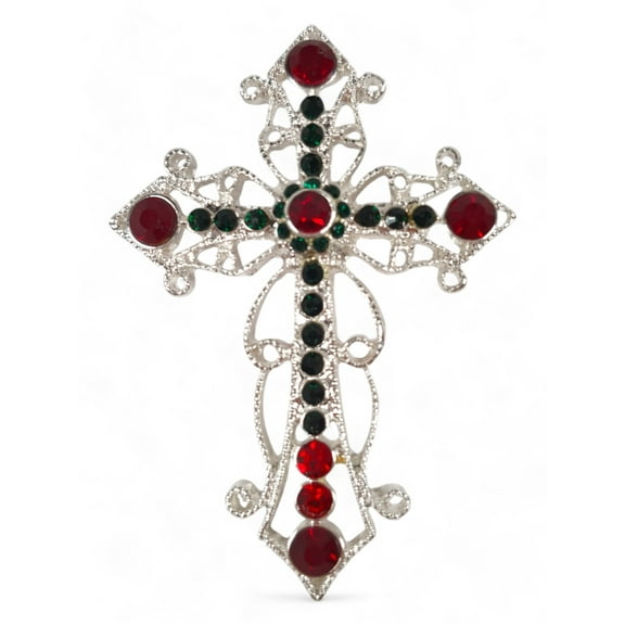 Green Red Rhinestone Ornate Christmas Cross Pin Brooch Silver Tone 2 1/2"