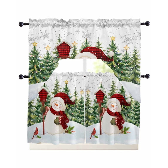 Green Red Snowman Christmas Swag Curtains for Living Room/Bedroom Windows, Xmas Tree Snowflake Winter Kitchen Curtains and Valances Set 36 Inch Length, Light Filtering Swags Valance Curtain Panels