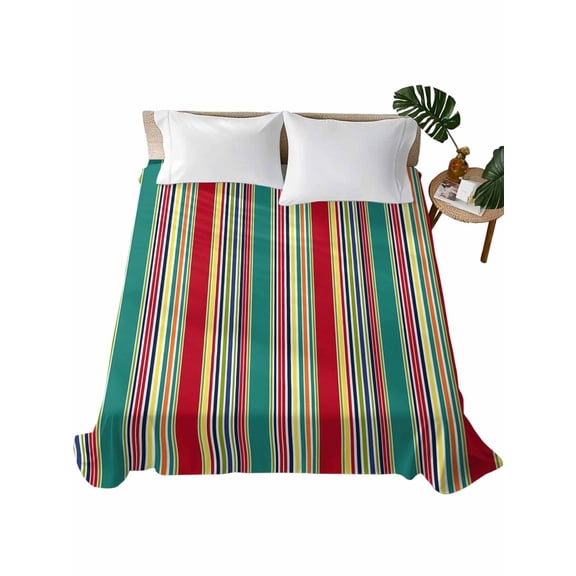 Green Red Striped Flat Sheets Only King Size, Soft Breathable Bed Top Sheets for Mattress, Farmhouse Colorful Stripes Luxury Bedding Flat Sheets for Home Hotel Bedroom Bed Protection