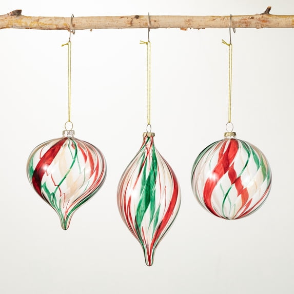 Green Red Striped Ornament Multicolor 4"H Glass Set of 3