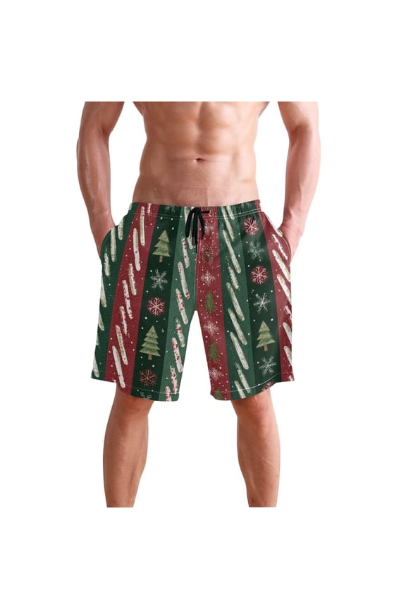 Green Red Vertical Stripes Christmas Theme Patterns Men's Swim Trunks Beach Shorts Bathing Bottoms XXL