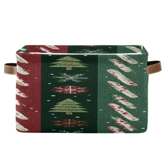 Green Red Vertical Stripes Christmas Theme Patterns Square Storage Bins with Handles Collapsible Containing Box 1 Pack