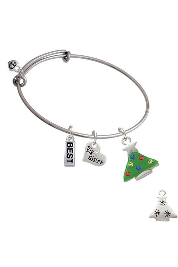 Green Resin Christmas Tree with Crystals Big Sister Heart Expandable Bangle Bracelet