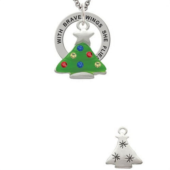 Green Resin Christmas Tree with Crystals Brave Wings Affirmation Ring Necklace