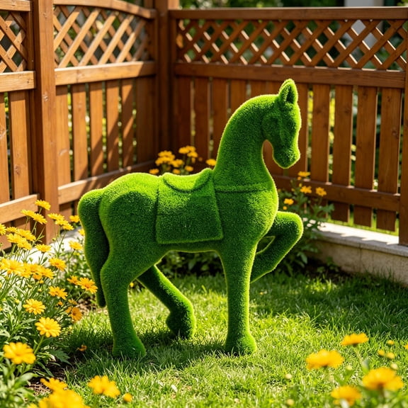 Green Resin Horse Statue for Outdoor, 10In Flocked Moss Saddle Decor Animal Collectible Figurine, Prairie Style Tabletop Mantel Tray Centerpiece