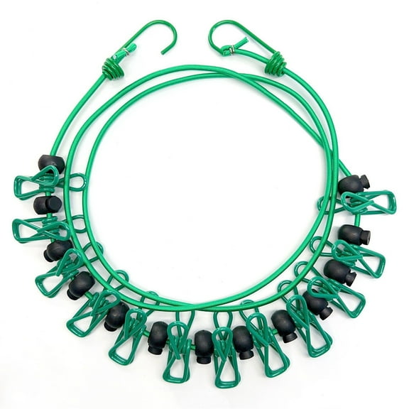 Green Retractable Clothesline, Travel Drying Rope, Portable Laundry Line With 12 Clips, Windproof Beads And Stainless Steel Hooks For Camping And Indoor Drying, Extends 6Ft To 12.5Ft