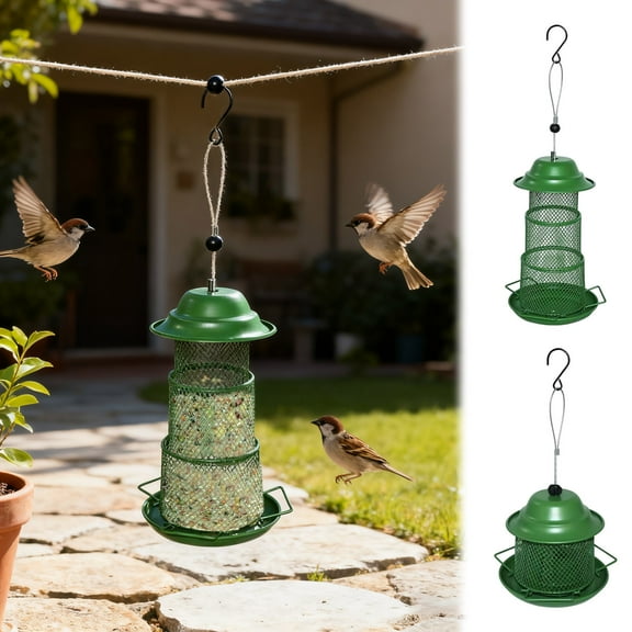Green Retractable Metal Bird Feeder 19.5" Total Height, Collapsible Wire Mesh Wild Bird Feeders for Outside Hanging, Squirrel Resistant Seed Cage for Cardinals Finches, 5.2" Wide Base Garden Decor