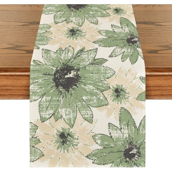 Green Retro Daisy Spring Table Runner, Seasonal Vintage Kitchen Dining Table Decoration for Home Party Decor 13x72 Inch