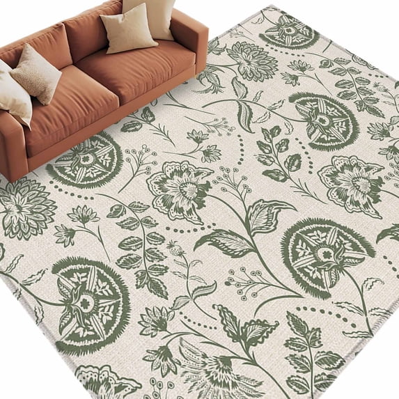Green Retro Floral Washable Area Rug 8 x 10 ft Farmhouse , Soft Non Slip Rugs Stain Repellent Indoor Felt Carpet for Living Dining Room Bedroom Home Office