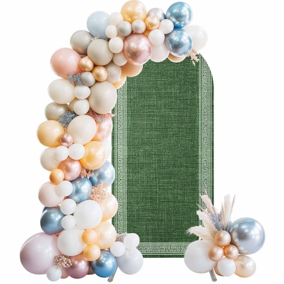 Green Retro Greek Key Arch Backdrop Cover, Spandex Fitted Wedding Arch Cover, Geometric Greece Ancient Rustic Round Top Stand Covers for Birthday Ceremony Bridal Shower Party Decor 5x2.1 Ft