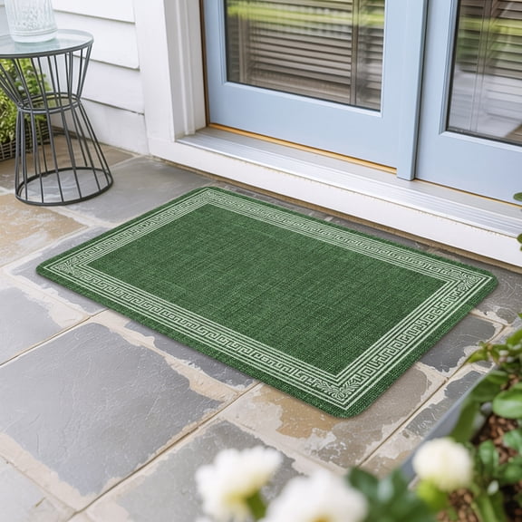 Green Retro Greek Key Door Mat Indoor Outdoor, Geometric Greece Ancient Rustic Non Slip Welcome Mat with Rubber Backing, Absorbent Fabric Front Door Mats Entryway Rug for Home Patio Entrance 16"x24"