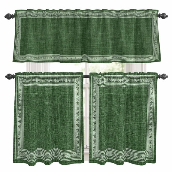 Green Retro Greek Key Kitchen Curtains Sets for Windows 24 Inch Length, Geometric Greece Ancient Rustic Rod Pocket Window Treatments Tier Curtains and Valances Set for Bedroom/Bathroom