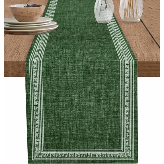 Green Retro Greek Key Short Table Runners 36 Inches, Cotton Linen Fabric Table Runner Geometric Greece Ancient Meander Fret Tablerunner for Party/Kitchen/Dinner Decor 13x36
