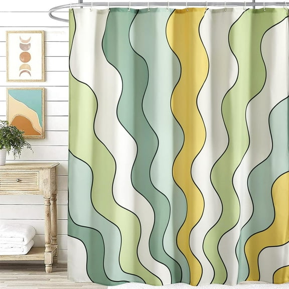 Green Retro Groovy Fabric Shower Curtain Extra Long 84 Inch Aesthetic Hippie Trippy Vintage Abstract Art Bathroom Shower Curtain Set with Hooks Heavy Duty