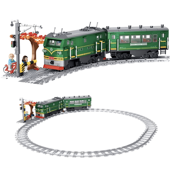 Green Retro Passenger Train Building Blocks Set with Rail Track, Gift for Birthdays, Home Office Table Centerpiece Decor