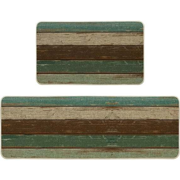 Green Retro Rustic Wood Texture Kitchen Mats Set of 2, Home Spring Summer Decor Kitchen Rugs for Floor - 17x29 and 17x47 Inch