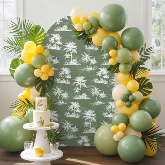 Green Retro Tropical Arch Backdrop Cover, 4FT, Palm Trees Old Newspapers Summer Plant Spandex Arch Covers Double-Sided Backdrop for Wedding Birthday Party Photo Background Decoration
